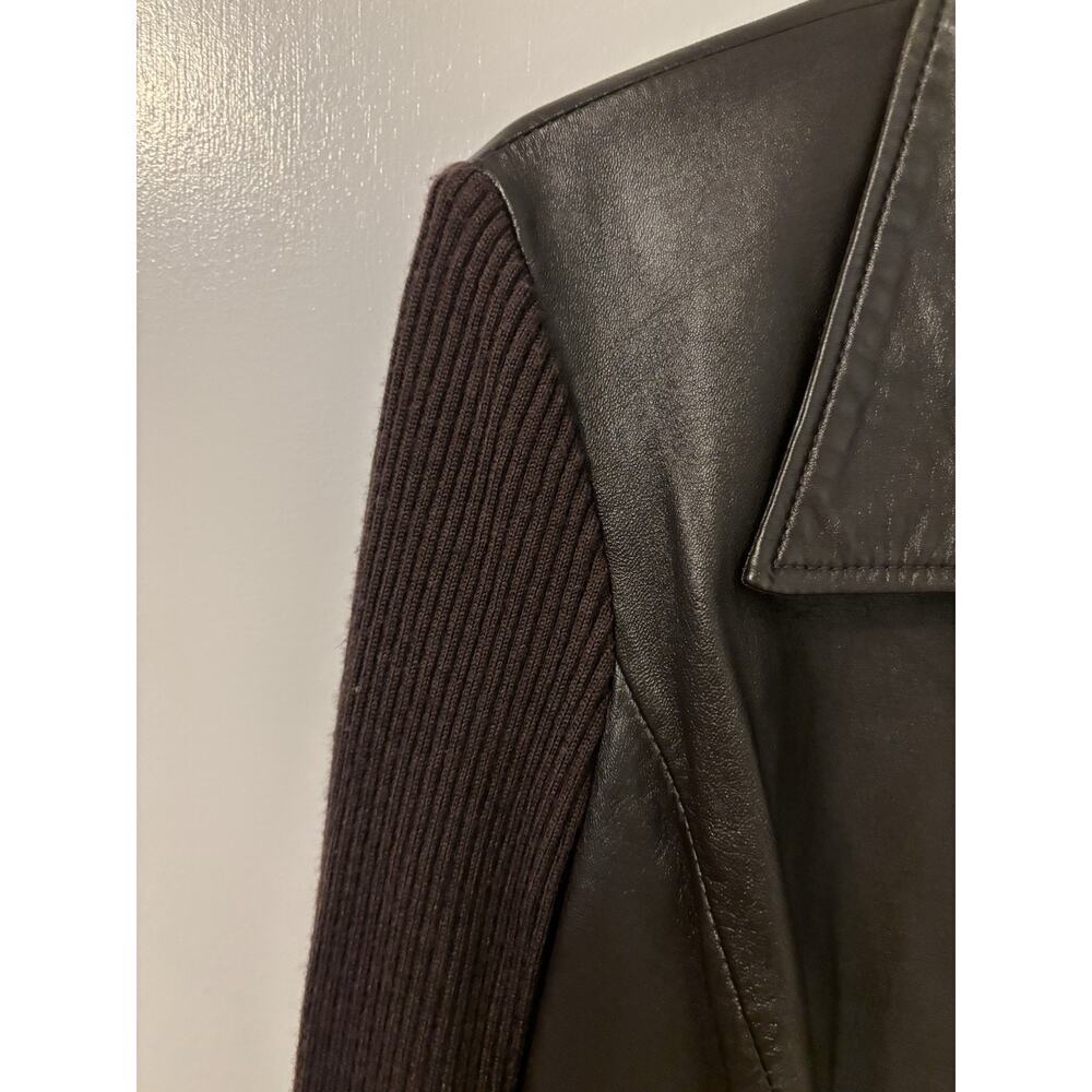 Cache Brown Leather Jacket Ribbed Knit Sleeves Boho Feminine Size L - Picture 4 of 6